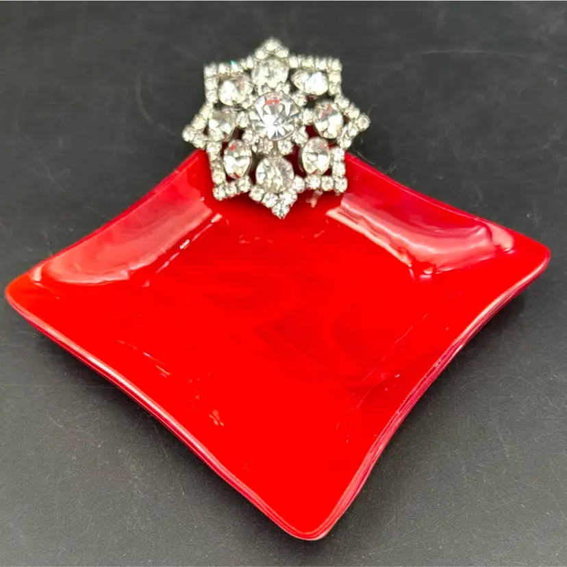 Red Slab Glass Trinket Dish Also A Silver In Tone Rhinestone Costume, Jewelry Pendant.
