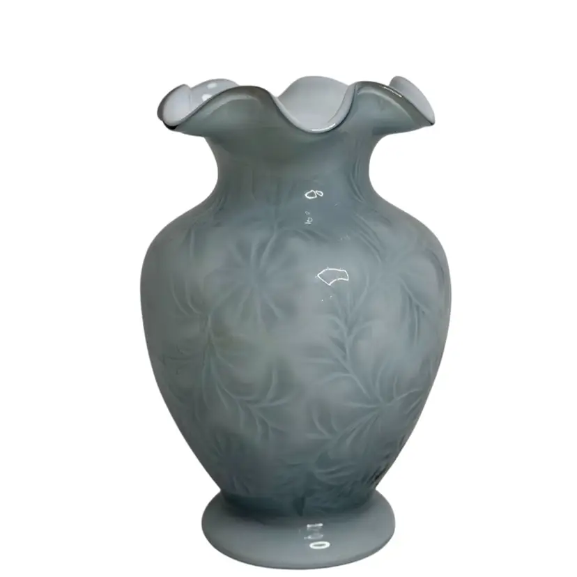 FENTON Fern Optic Vase Federal Blue Overlay Ruffle Edge Early 1980’s 
6-1/2” T x 4” W