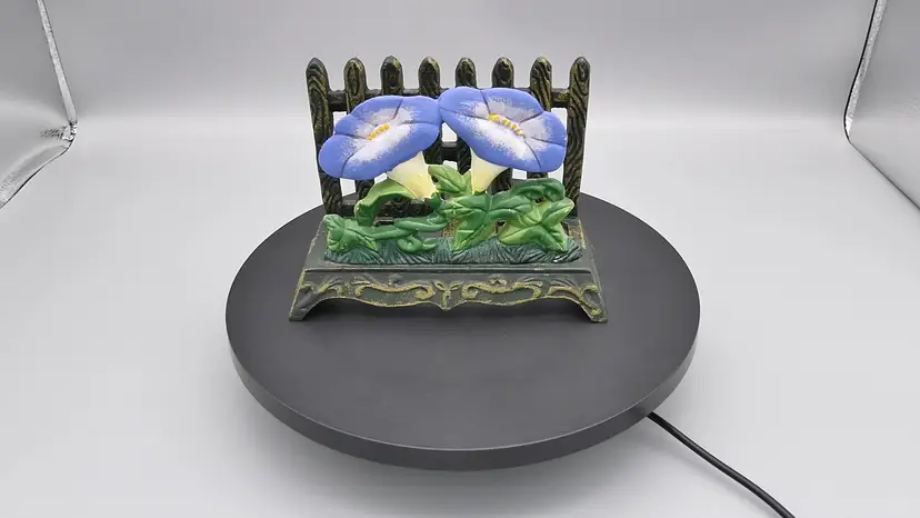 Vintage Heavy Cast Iron Flower Vine Picket Fence Napkin Letter Holder Green Purple Morning Glory Cottage 5.5"