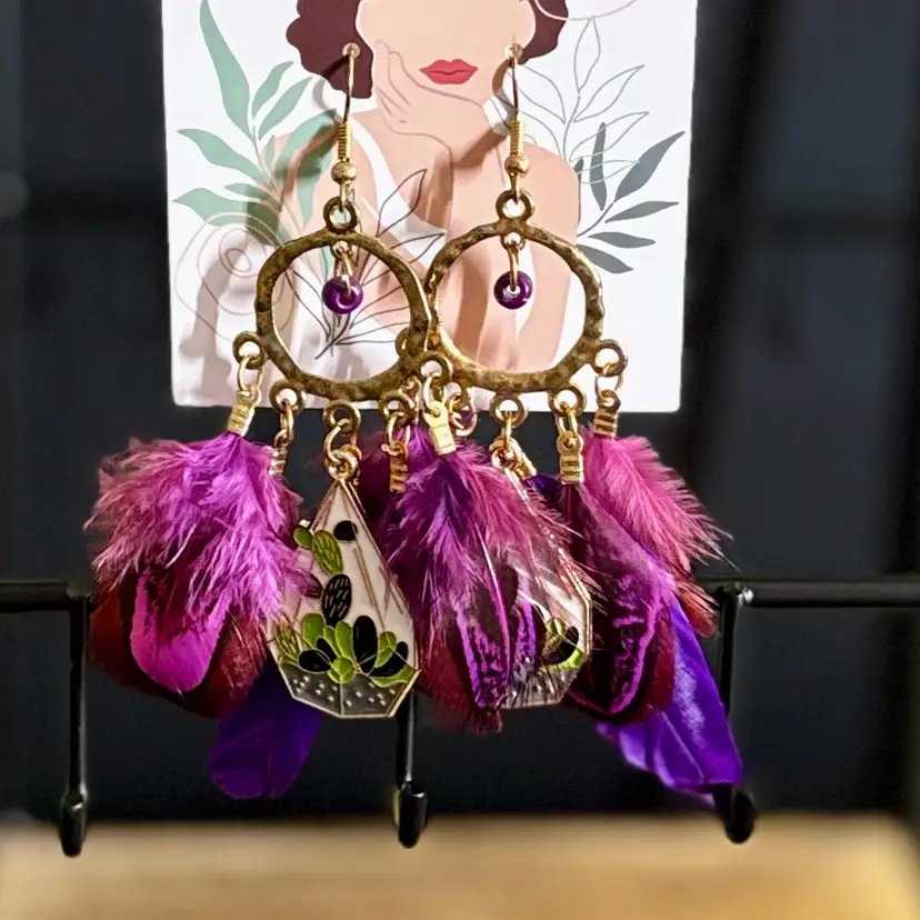 Purple Feather Terrarium Earrings