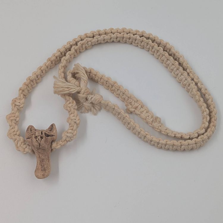 Macrame Necklace with Pottery Cat Pendant