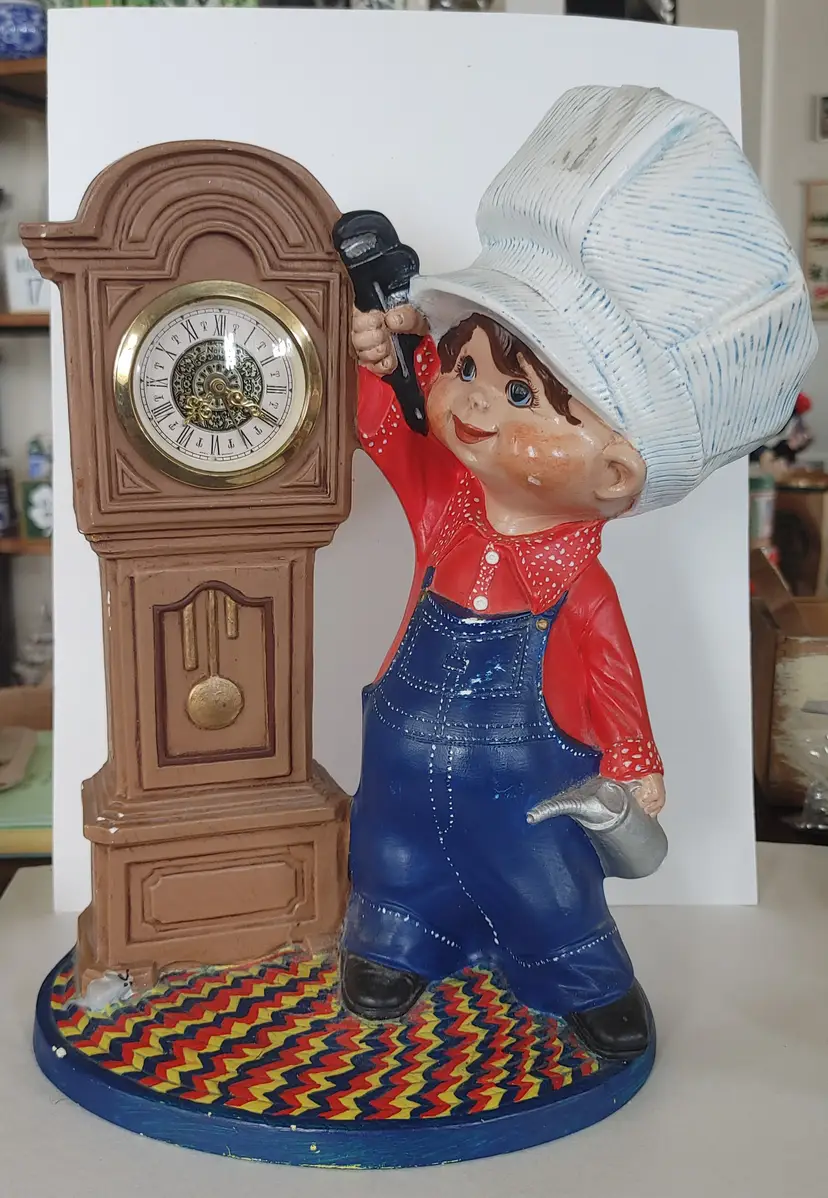 Byron molds "Little Boy Mechanic" Clock. 1975. Minor paint loss. See pics. 12 inches high.