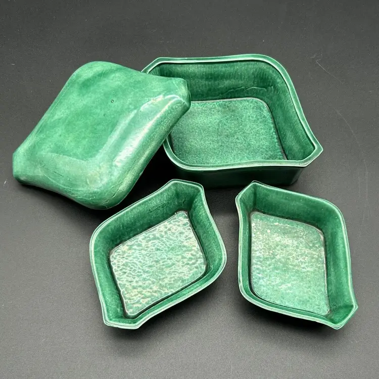 Vintage 1955 Studio Art Pottery Set Ceramic Green Glazed Box + 2 Side Dishes