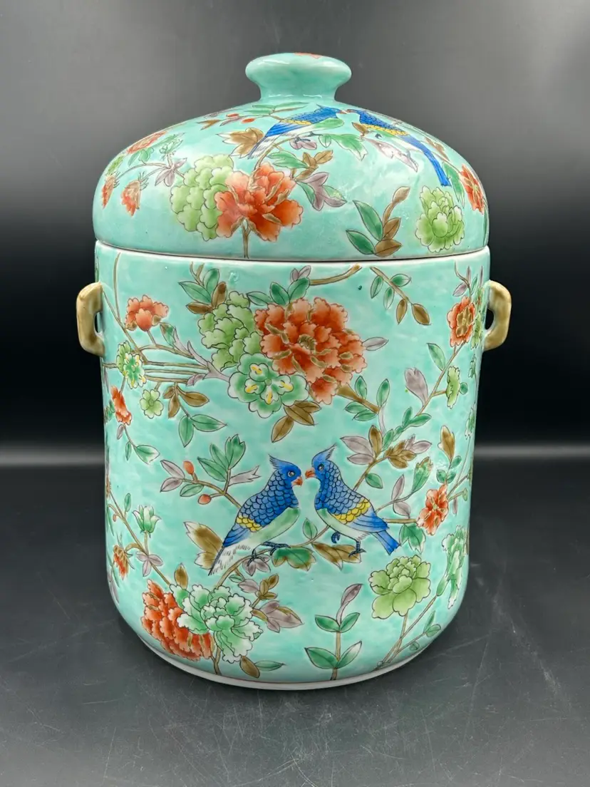 Vintage Turquoise Polychrome Asian Urn/Jar With Lid, Flowers And Birds