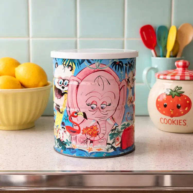 Vintage Folger's Coffee Kitschy MCM Jungle Animals Large Coffee Can Tin with Lid Insert