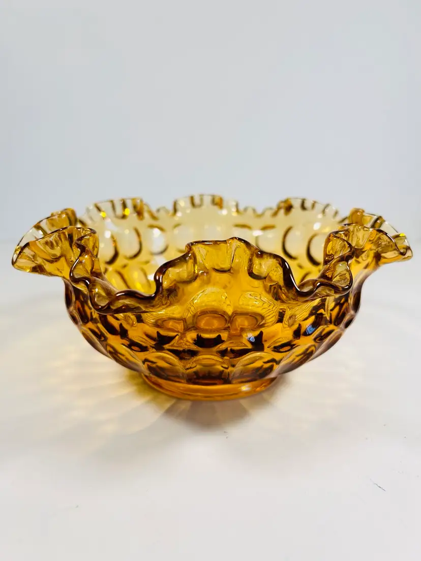 Vintage 7" Fenton Colonial Thumbprint Amber Ruffled Dish Candy Bowl Crimped