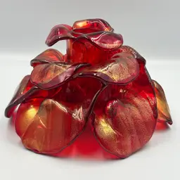 Red Murano Glass Flower Candle Holder with Gold Leaf 4.25”