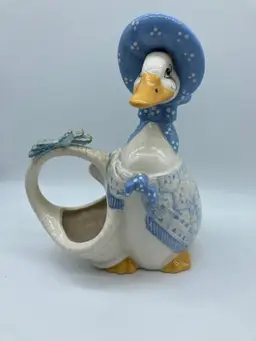 Vintage 1984 Les Trois Poulette Hand Painted Signed with Sticker  Mother Goose in Blue Hat & Shawl w/ Basket Figurine