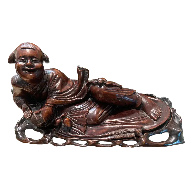 Antique Asian Hand Carved Hardwood Figurine of Buddha Desciple or Lohan, 14.5"