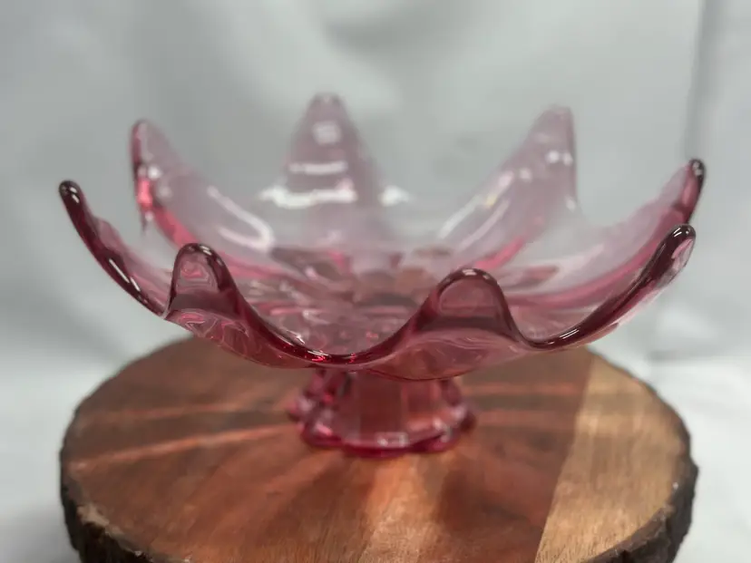 Vintage Pink MCM VIKING GLASS Thistle 8 Finger Petal Footed Compote Bowl Mid Century