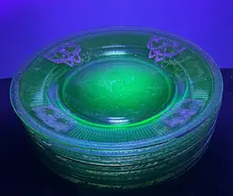9 Vintage Uranium Glass Green Salad Dessert Plates 8" Gold Design (See Photos)
