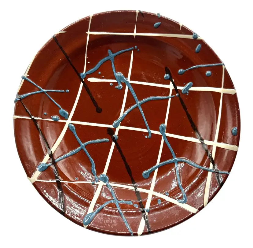 Signed Redware Art Pottery Plate Wall Hanging Blue White Black Slip Glaze 9.25”