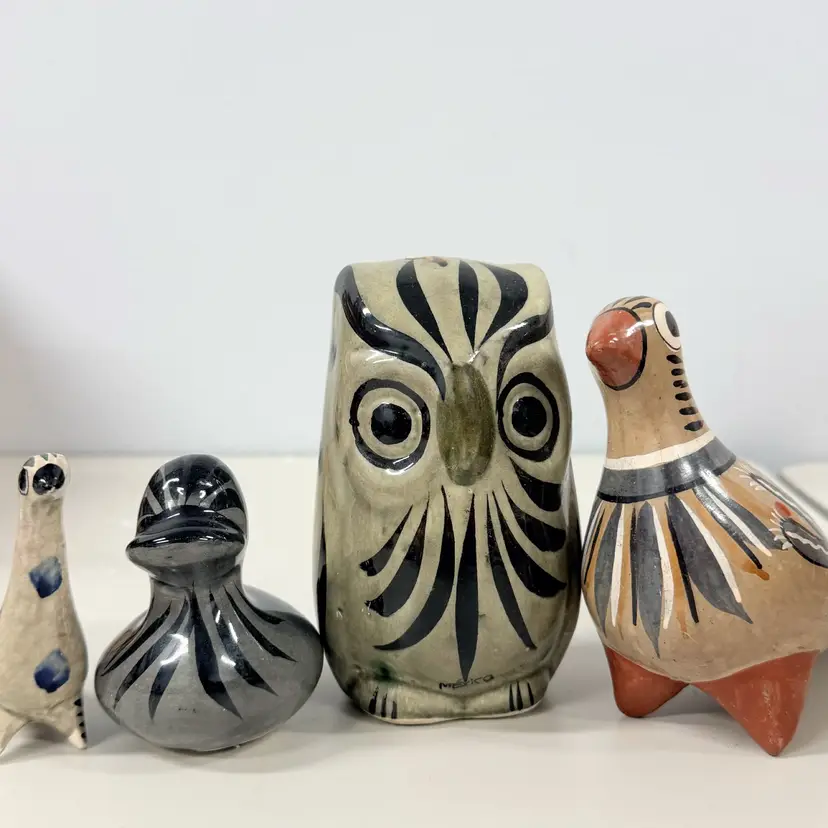 Vintage Signed Mexican Folk Art Hand Painted Tonala Birds Blue Boho Lot Of 4