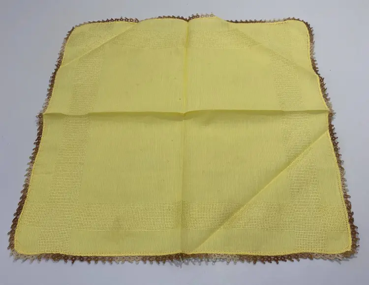 Vintage Brown Embroidered Edge Yellow Handkerchief 11" x 11"