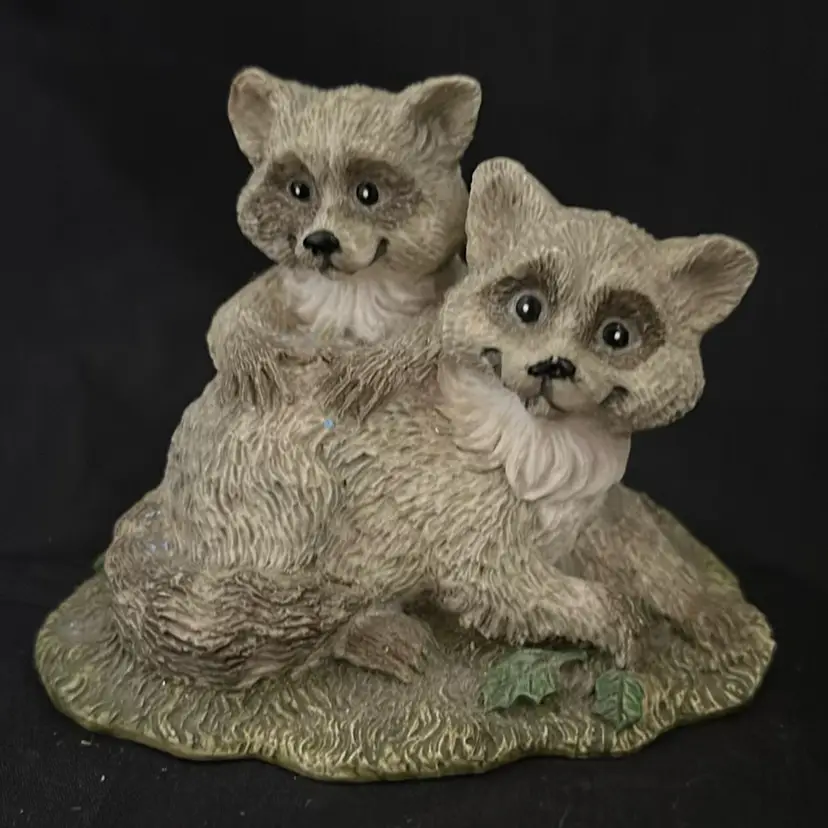 Vintage Aramark Twin Raccoons Playing Light Gray Resin Figurine