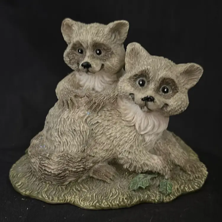 Vintage Aramark Twin Raccoons Playing Light Gray Resin Figurine