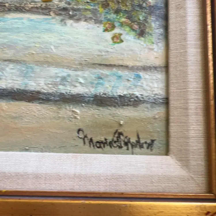 Vintage Oil Painting Signed, City Aware Scene, Fall Colors 17” x 14” Canvas, 21.5” x 21.5” Frame
