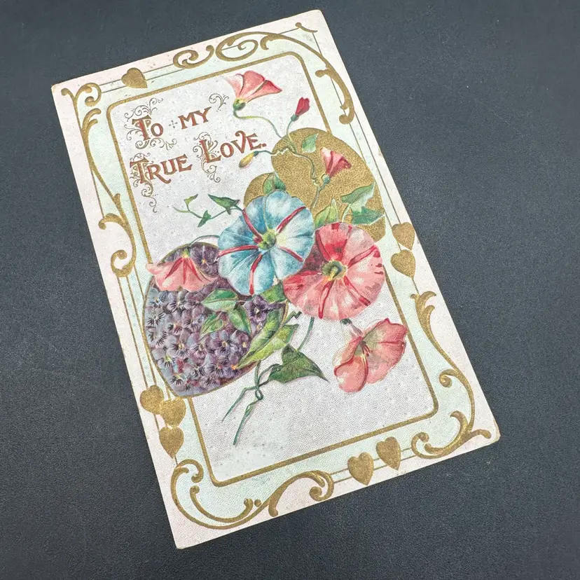 “To My True Love” Purple Pink Blue Corals Antique Postcard, Posted 1911