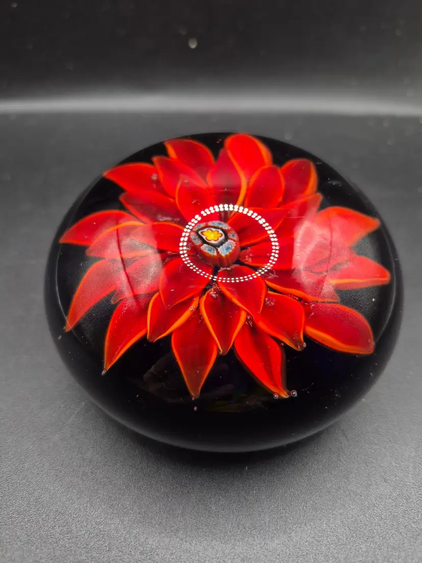 Red Chrysanthemum Flower Art Glass Paperweight With Millefiori Centerpiece