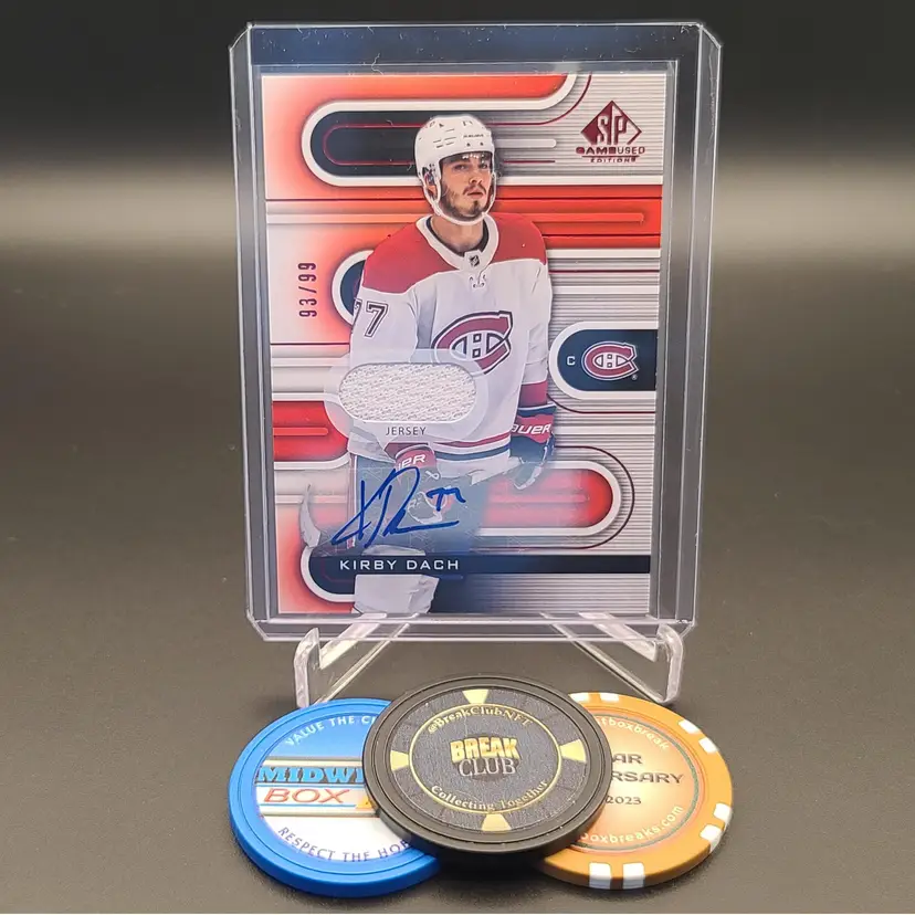 2022-23 Upper Deck SP Game Used Kirby Dach Auto Jersey Red Numbered 93 Of 99 - Card Number 107 - Montreal Canadiens Hockey Card