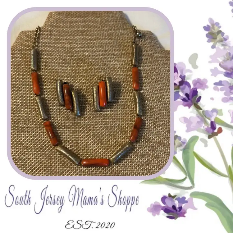 Vintage Gold and Orange Rectangle Plastic and Metal Choker and Clip Earring Set
