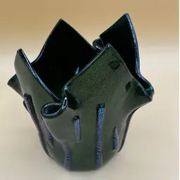 Handkerchief Fused Art Glass Vase Deep Green Glittered Finish Teal Accents