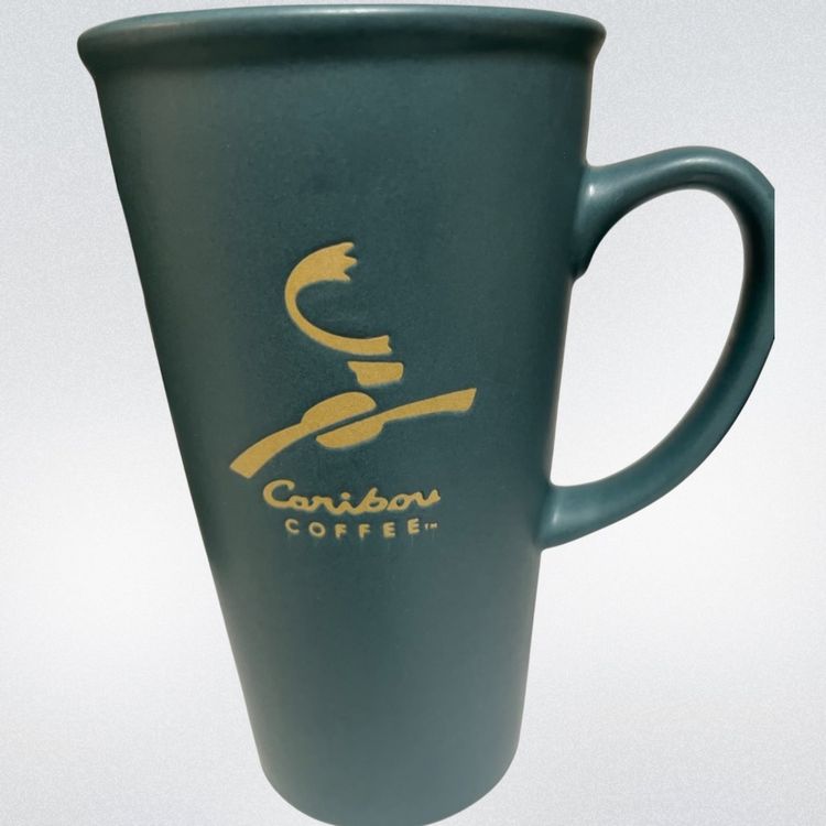 Pair of Caribou Coffee- “Love A Latte”- Tall Stoneware Mugs – Matte Teal - Tan Logo – 6.5” x 5” - Discontinued