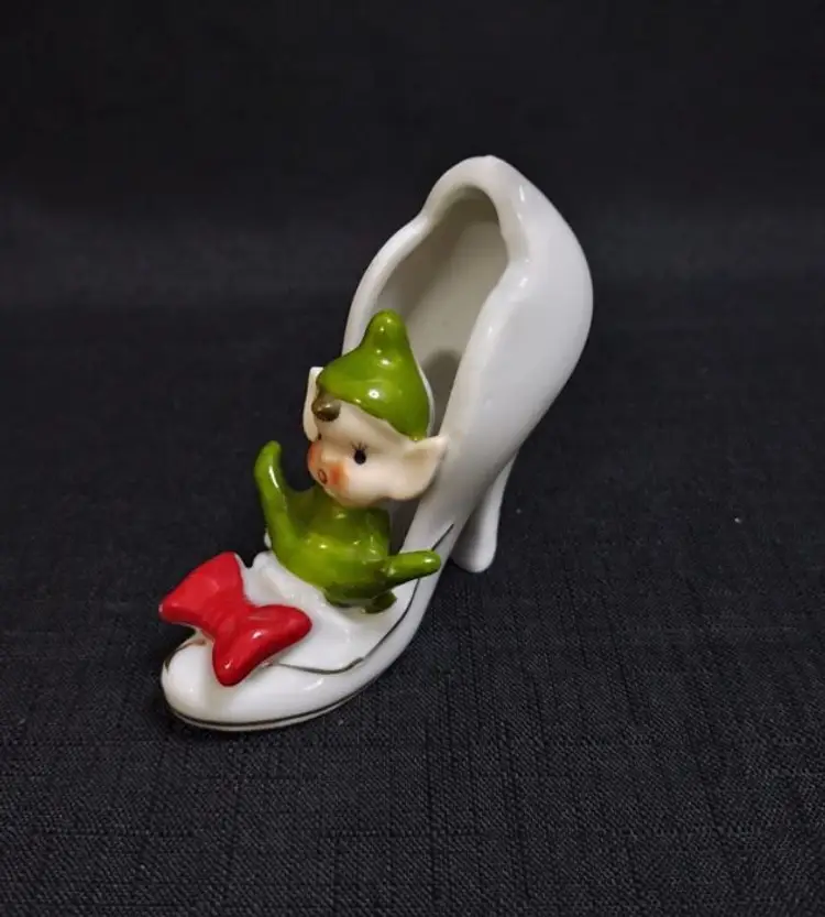 Vintage MCM Green Pixie Elf in White High Heel Shoe W Red Bow, Gold Details