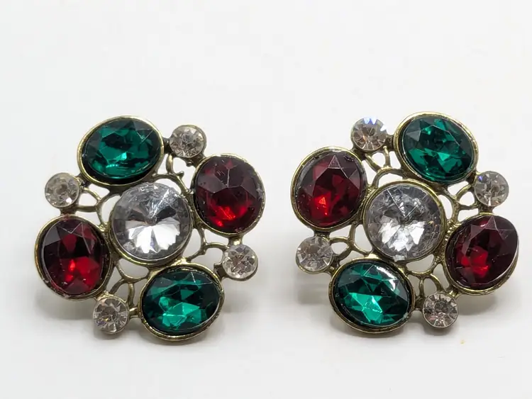 Christmas Rhinestone Pierced Earrings Red Green Clear Gold Tone Holiday Jewelry