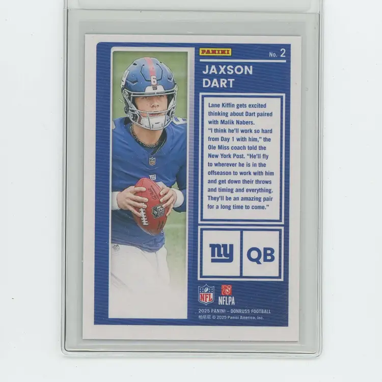 Football 2025 Panini Donruss Jaxson Dart The Rookies Holo Blue Checkerboard #2 New York Giants RC