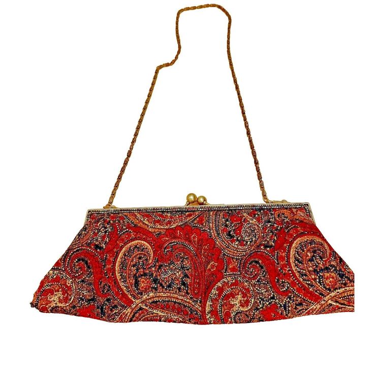 Vintage Velvet Evening Purse Brass Frame + Chain Glittery Paisley Pocket 10" H x 4" W Great for the Holidays