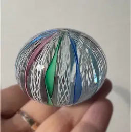 Made in Murano glass paperweight, Original Sticker, Excellent condition, Latticino/Zanfirico filigree, Circus tent style!