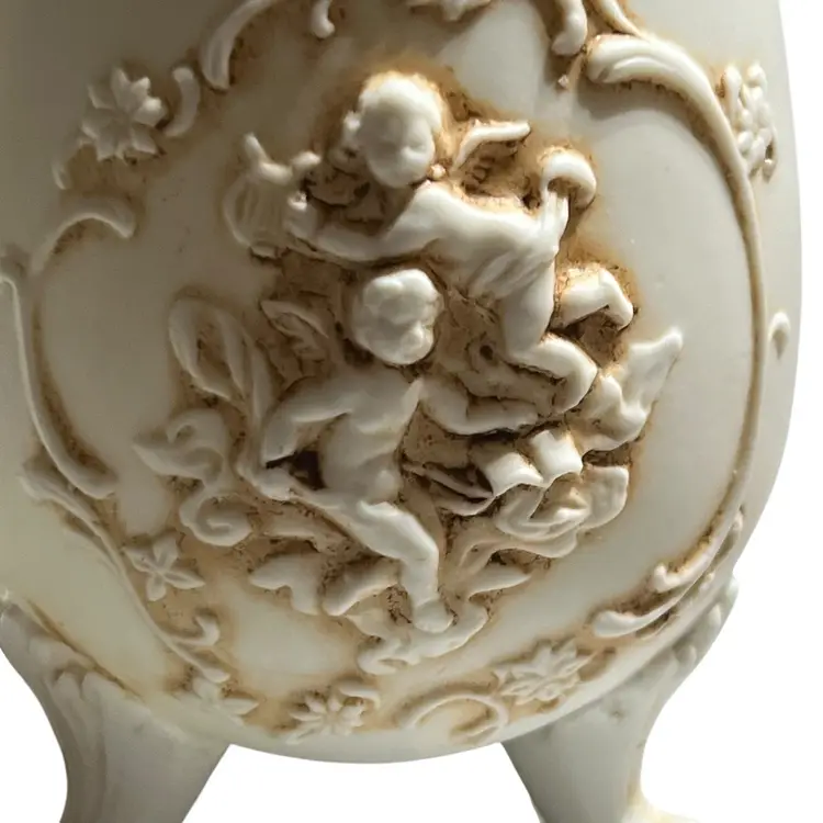 027 Lefton 1950S Ceramic Bisque Footed Cherubs And Flowers Cracked Egg Lace 4.5" X 3" # 723.