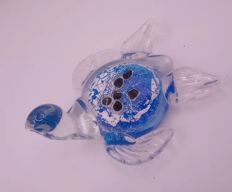 Vintage Art Glass Turtle (paper weight) Blue & Clear Glass with abstract design