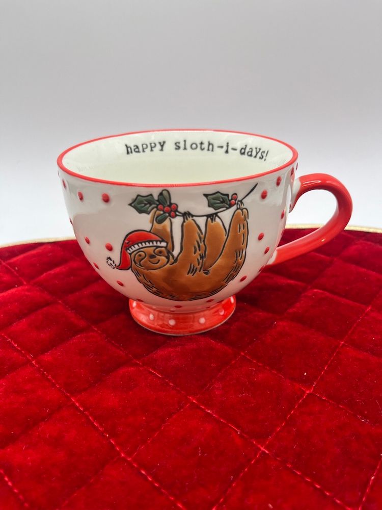 “Happy SLOTH A Days “Holiday Christmas Ceramic  Sleigh Bell Bistro 14oz Mug, coffee tea cup