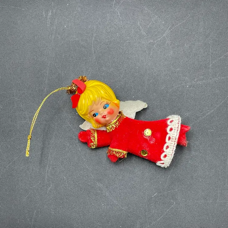 Red Flocked Plastic Angel Hanging Christmas Ornament Kitschy Kitsch Holiday