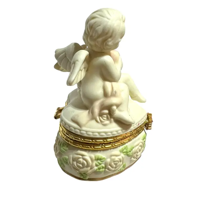 Vintage San Francisco Music Box Ceramic Two Chairs Holding A Heart Bisque Hinged Heart Shaped Trigger Box Music Box Works 4.5" X 3"