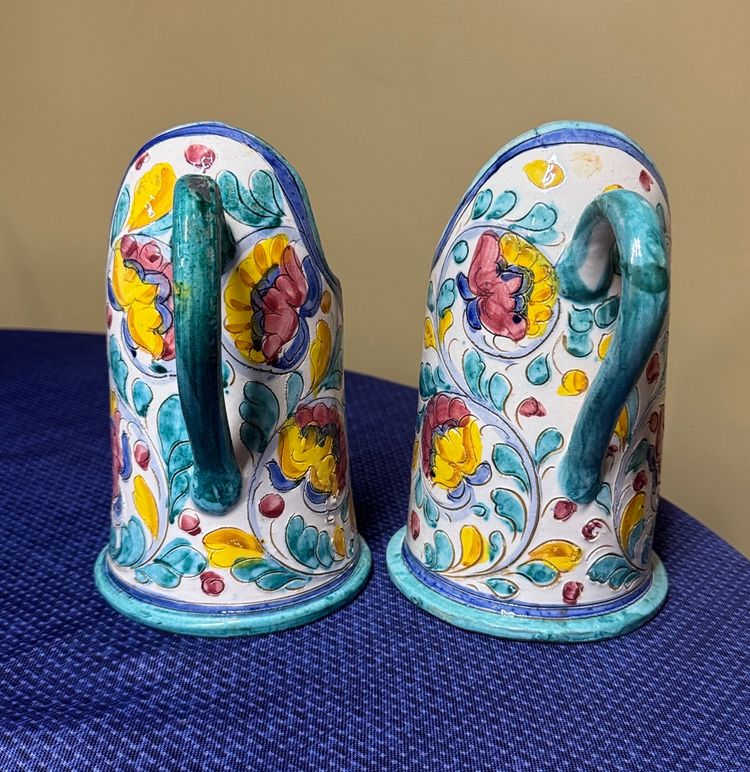 Italian pottery candle holders with handles signed Italy 4059 8.5” tall