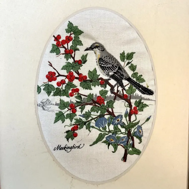 Vintage Wood Framed Quilted Mockingbird Picture 11x9 Flowers Cottage Gallery