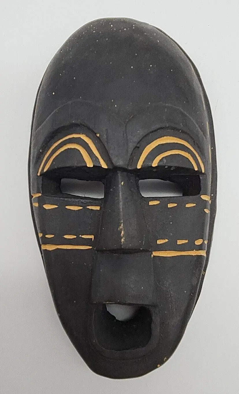 Carved Wooden Tribal Mask Handcrafted in Ghana 91/2"H x 51/2"W Open Eyes & Mouth Black