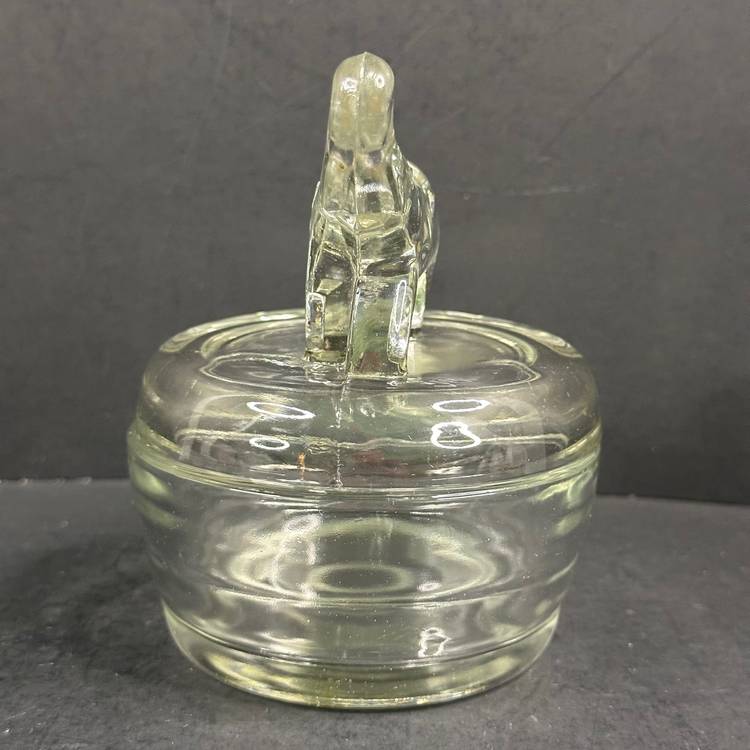 Vintage Jeannette Clear Glass Trunk Up Elephant Powder Jar, Trinket Box