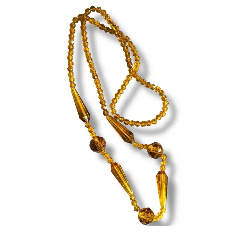Antique Art Deco Czech Hand Carved Amber Colored Glass Bead Necklace 26” ca. 1920s