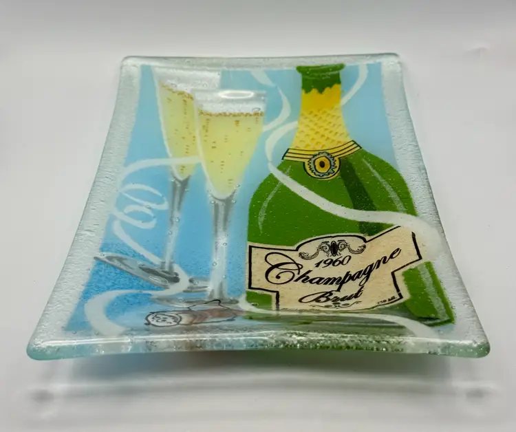 Vintage Peggy Karr ChampagneBottle Yellow Fused Art Glass Rectangle Tray Plate Signed 10"