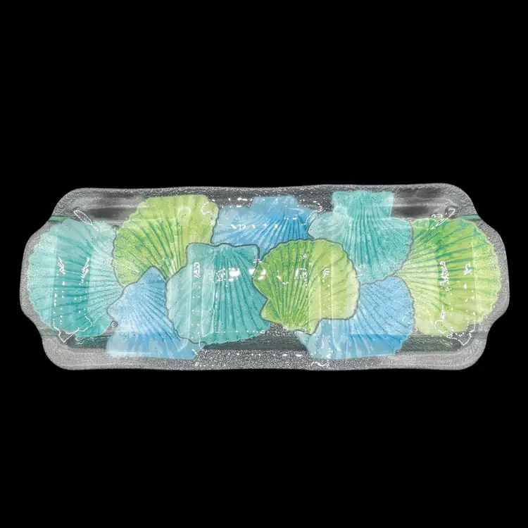 2009 Peggy Karr Glass Blue Green Seashell Three Compartment Platter Fused Glass