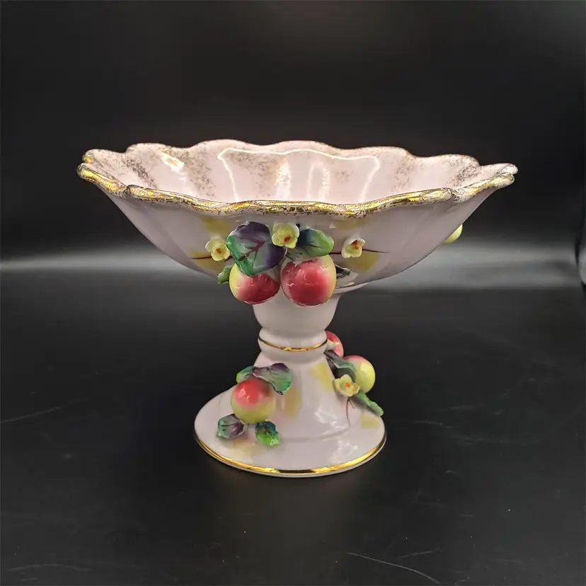 #013 - Vintage Lefton Pedestal Fruit Bowl with Hand-Painted Fruit Accents, Ceramic 1959
