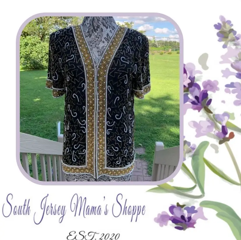 Vintage 1980s Size PM Laurence Kazar Black & Gold Hand Beaded Tunic Top