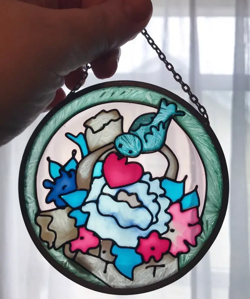 Vintage Joan Baker Stained Glass Bluebird Floral Sun Catcher Spring Cottage Core