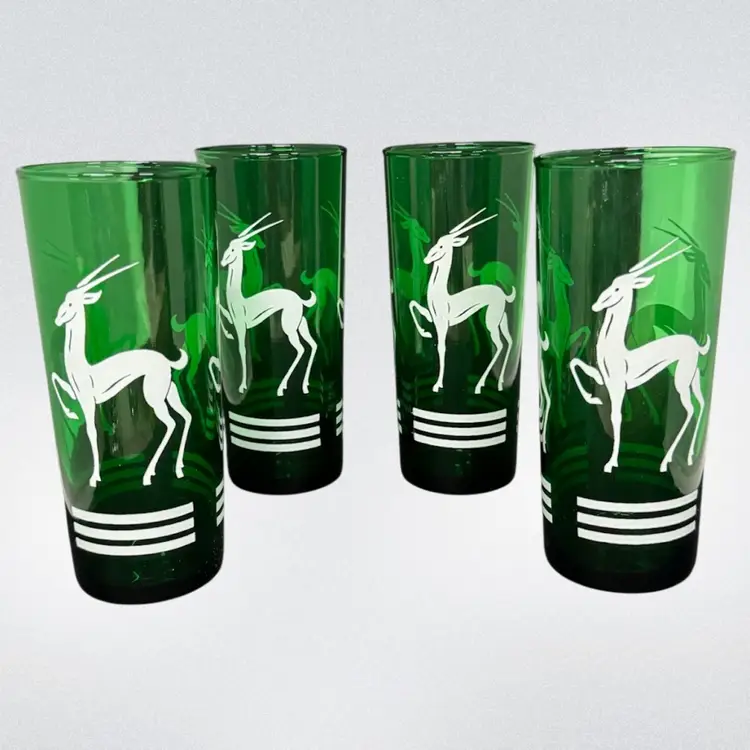 Mid-Century Green Gazelle Deer Collins Glasses Bar Drinkware Set of 4 Art Deco Barware. Christmas