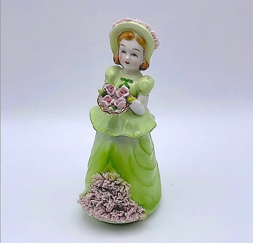 Vintage, Lenwile Ardalt, Hand Painted Porcelain, Southern Belle, Green Lady with Flowers, “Spaghetti” Applications on Hat and Skirt. Very nice condition!