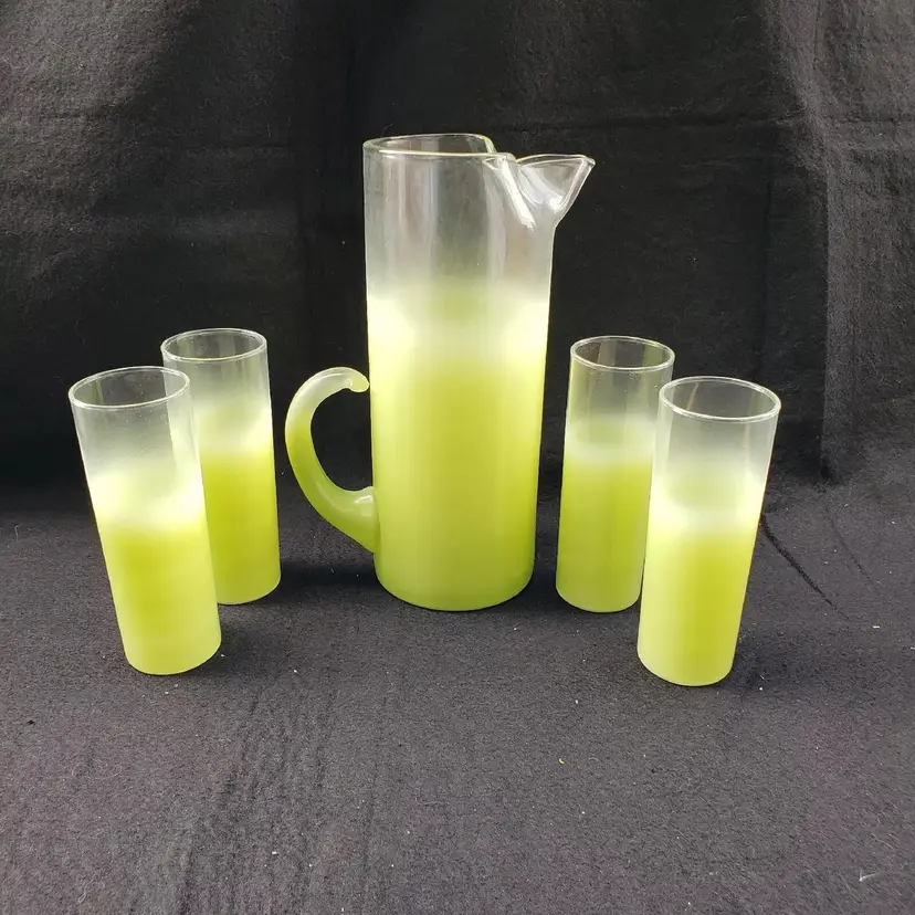 Art Glass BLENDO 50s MCM Pitcher & 4 Tall Glass Set Ombré Frosted Mint Green Vintage